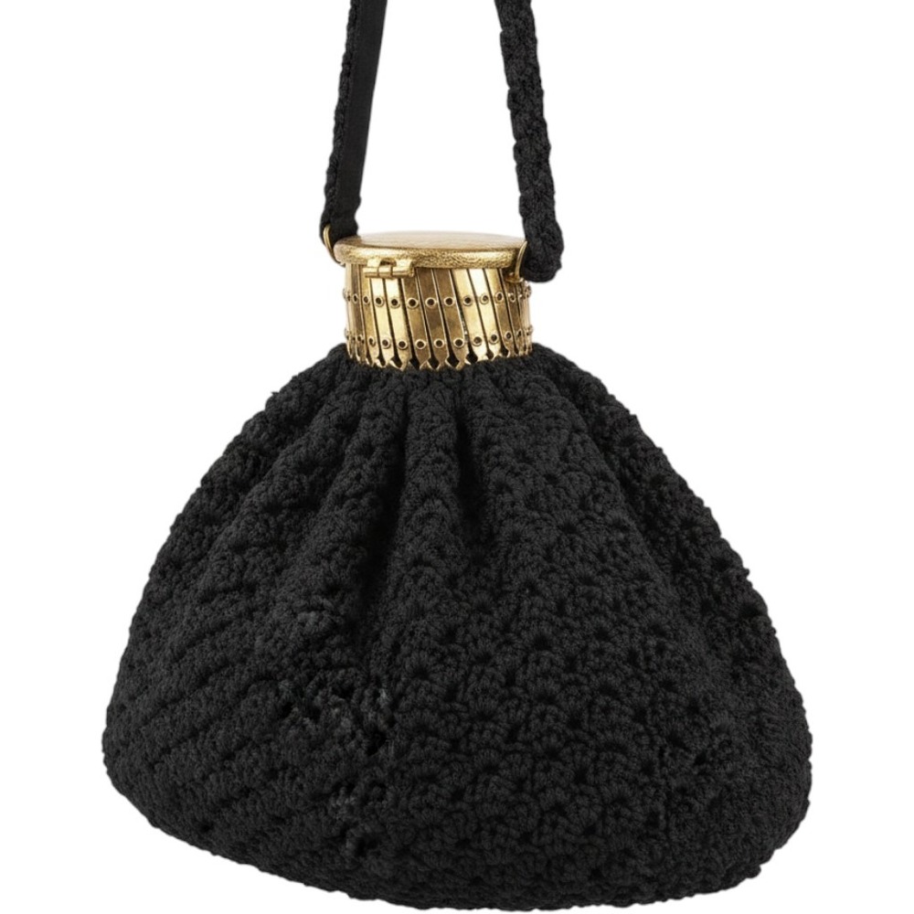 Vintage Black Corde Crochet Accordion Gate Top Evening Bag Engraved Gold Lid